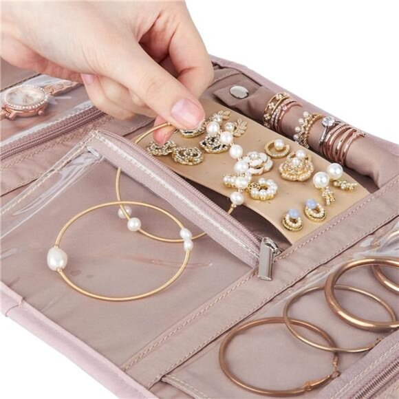 Travel Jewelry Case Organizer Foldable Jewelry Roll Storage Bag Pink for Earring - Picture 5 of 7